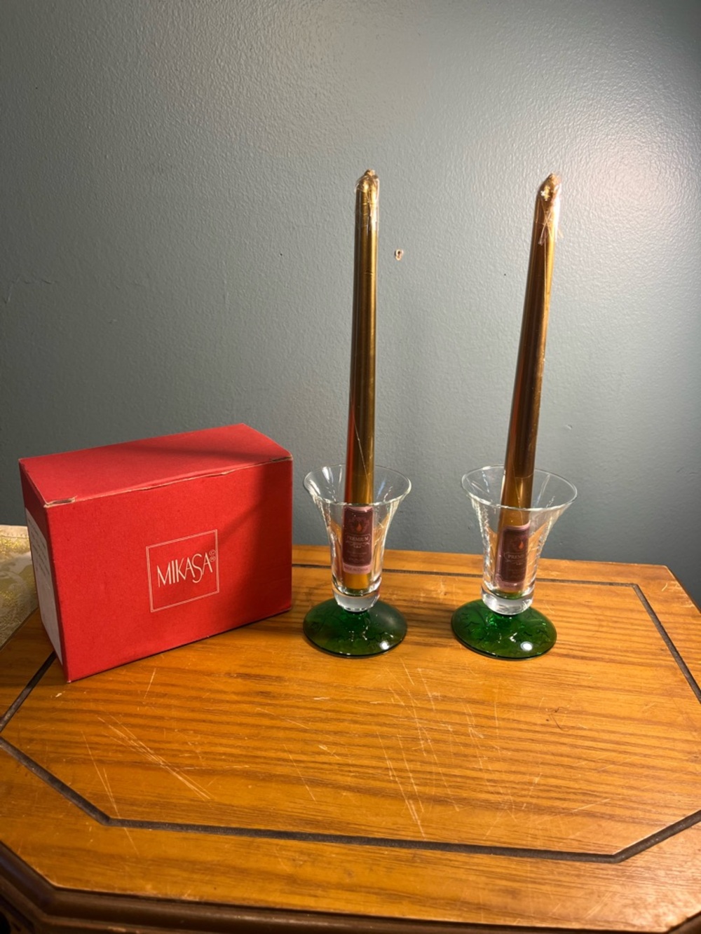 Vtg Mikasa Holiday Time Fluted Glass(ONLY Candle Holders) Green Tree Base 4"